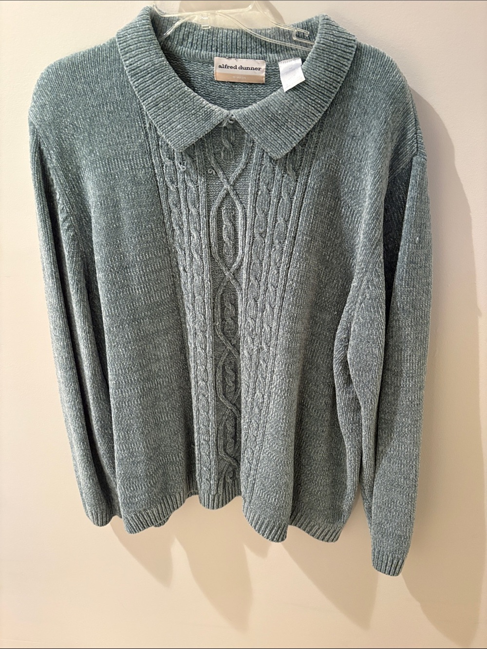 Alfred Dunner Sage Green Cable-Front Polo Collar Sweater